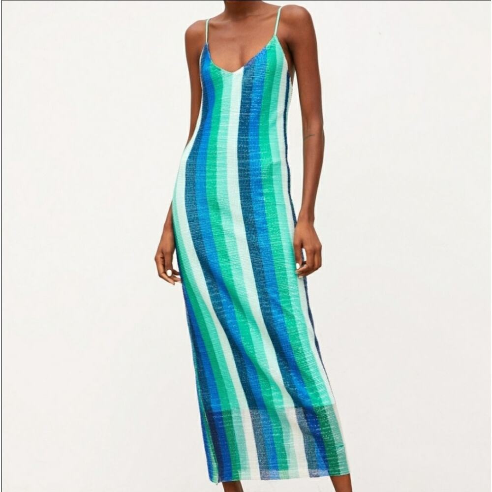 ZARA NWOT Sparkly Aqua Blue Striped Midi Tank Dress Size Small